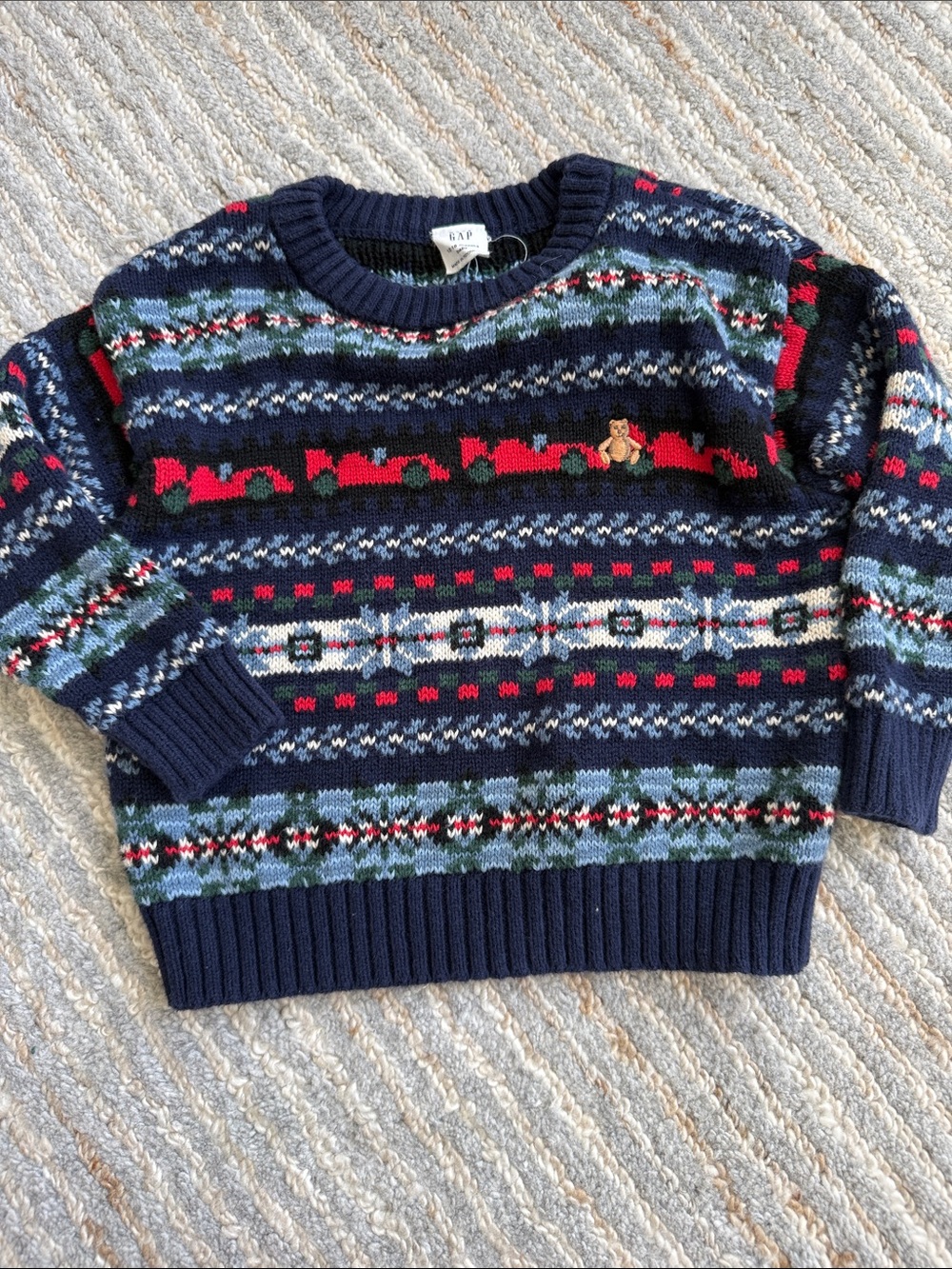 GAP Navy Crewneck Fair Isle Sweater with Red & Green Accents